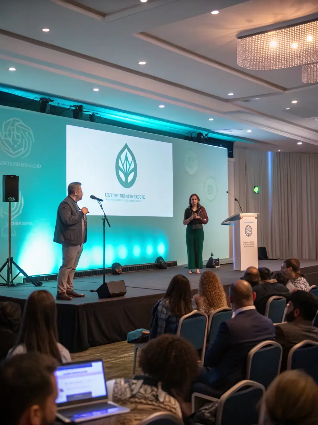 A speaker presenting a cutting-edge technology concept on stage, with attendees taking notes and engaging with the presentation.