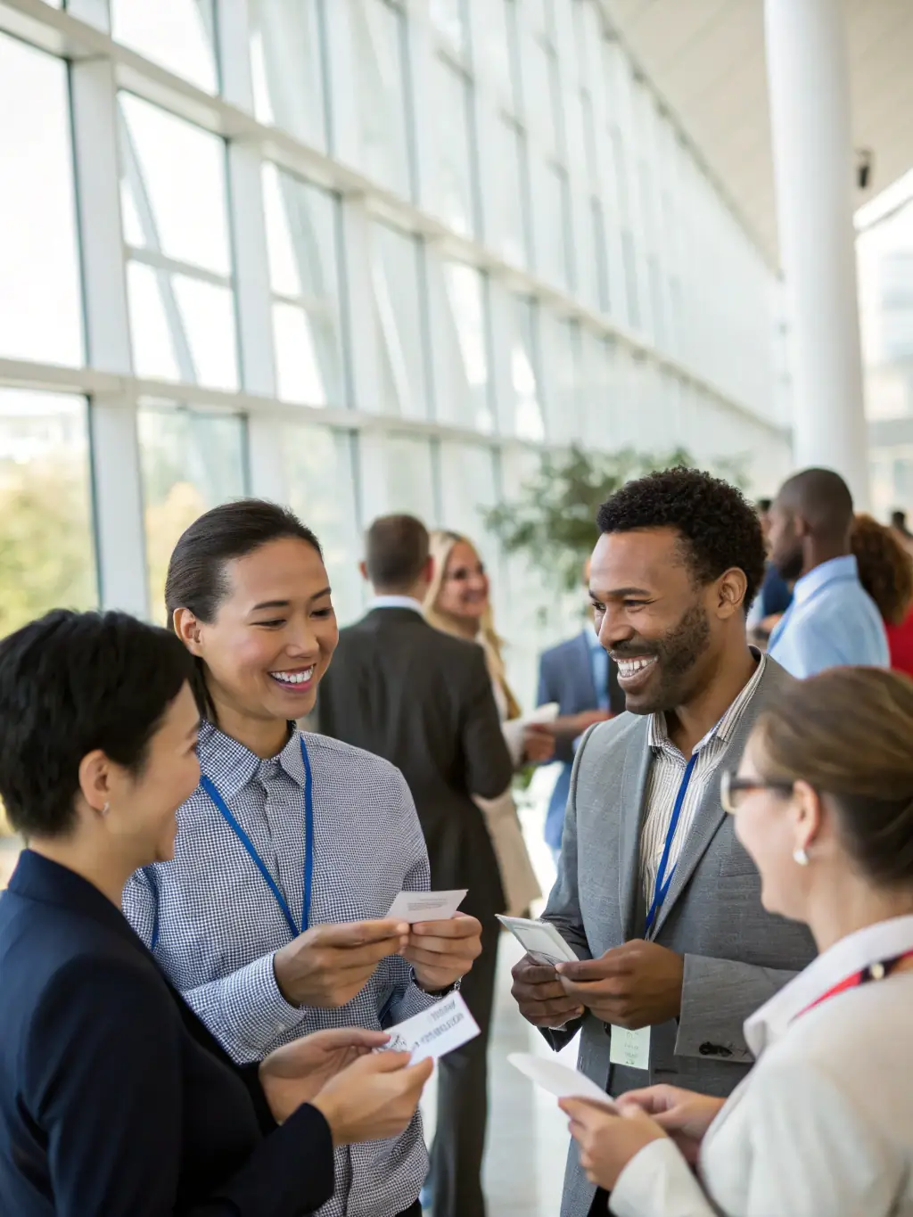 A diverse group of IT professionals networking during a coffee break at the conference, exchanging business cards and engaging in lively conversation.